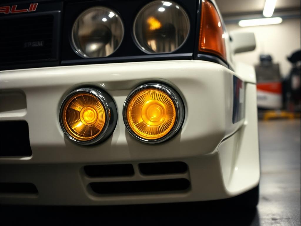 Retro yellow ion fog lamps on a 90s rally car
